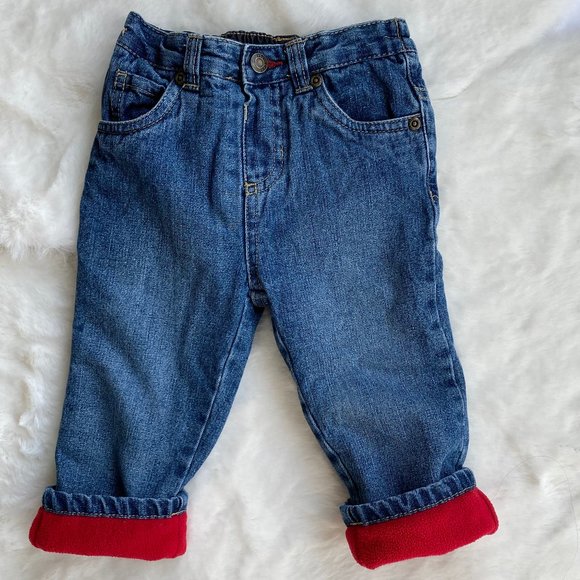 George Red Fleece Lining Pull-on Blue Denim Jeans Size 6-12 Months - Picture 1 of 7